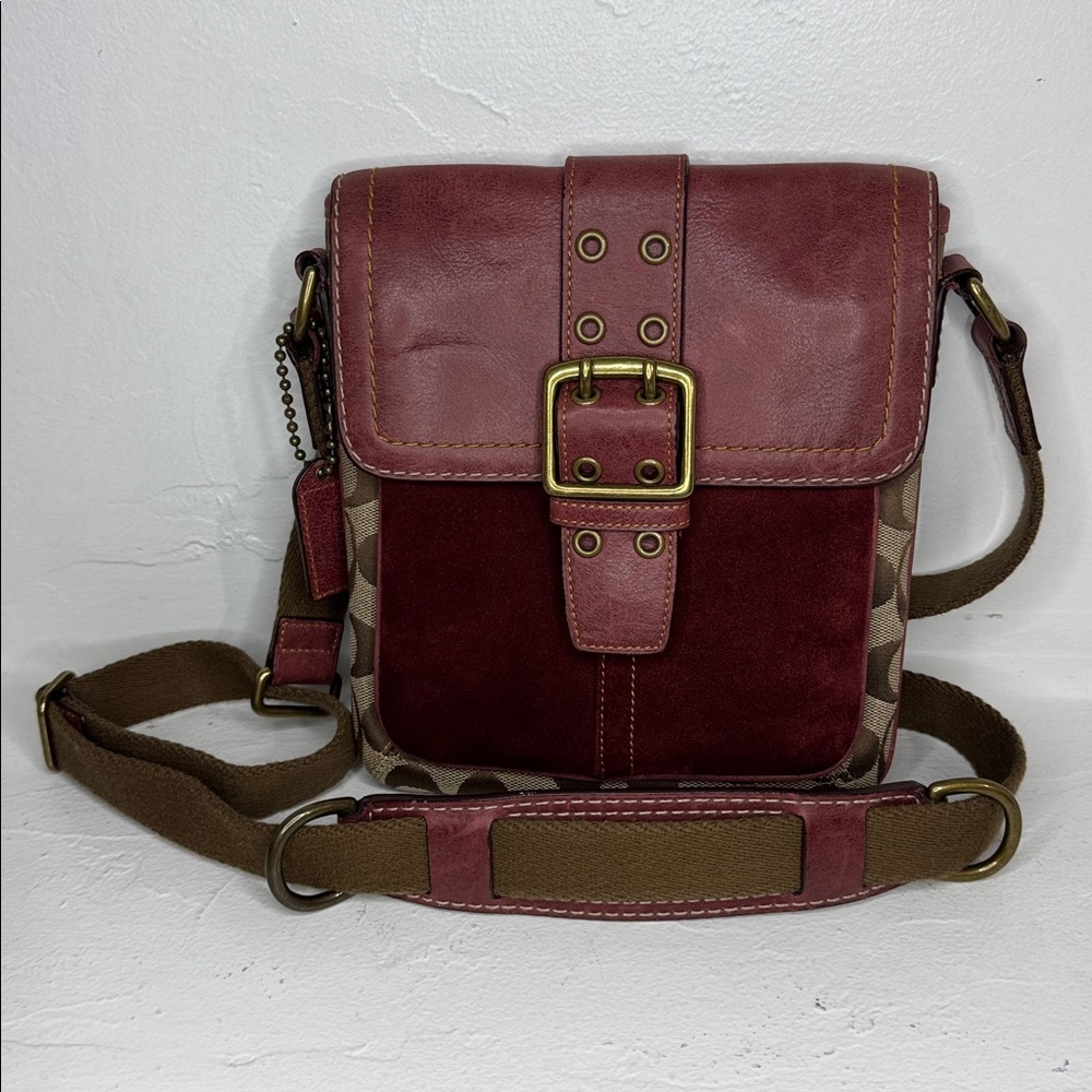 Coach SoHo oxblood leather & brown canvas crossbody bag